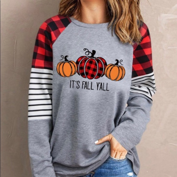 Only 2 left! Fall Pumpkin Graphic Plaid Long Sleeve Pullover! - Picture 3 of 6